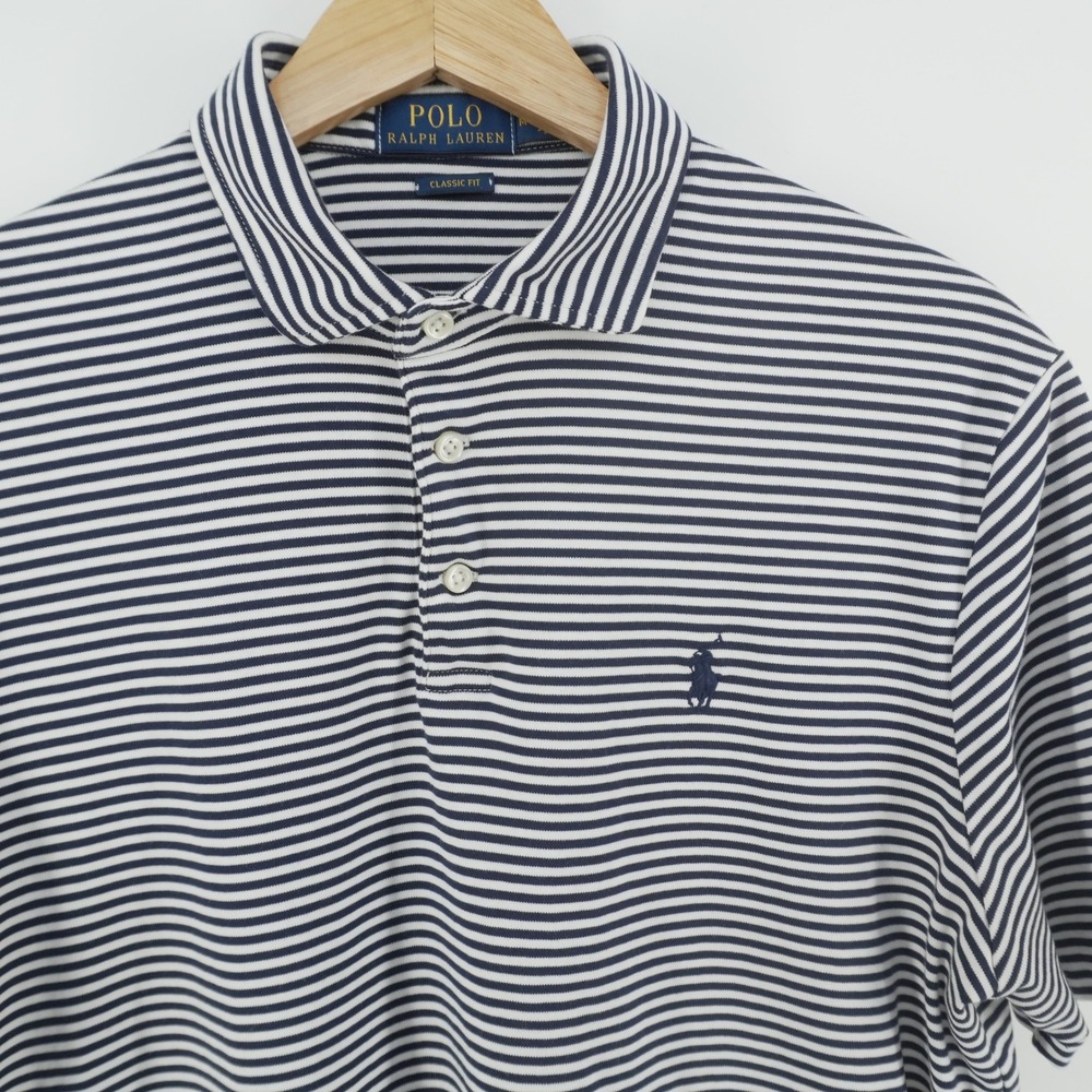 Polo Ralph Lauren Polo Shirt Mens M Blue White Striped Classic Fit Cotton Short